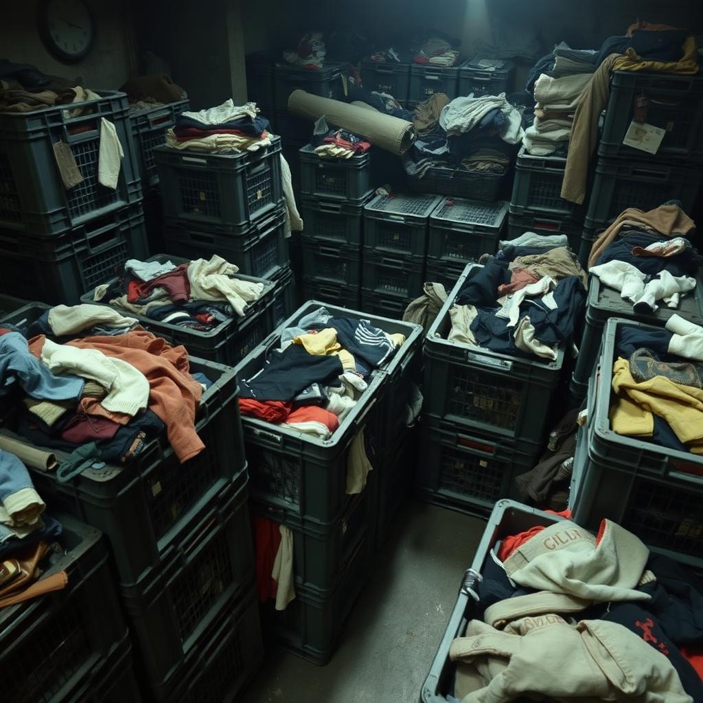 Kratten met gesorteerde vintage kleding in het magazijn